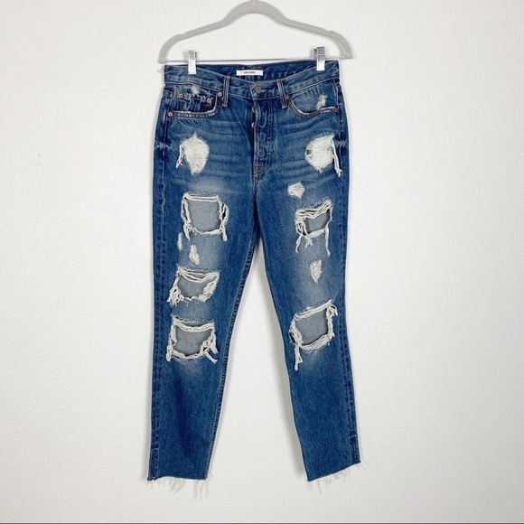 GRLFRND Karolina Distressed High Rise Raw Hem Slim Jeans in Moon River Cotton - Picture 2 of 8